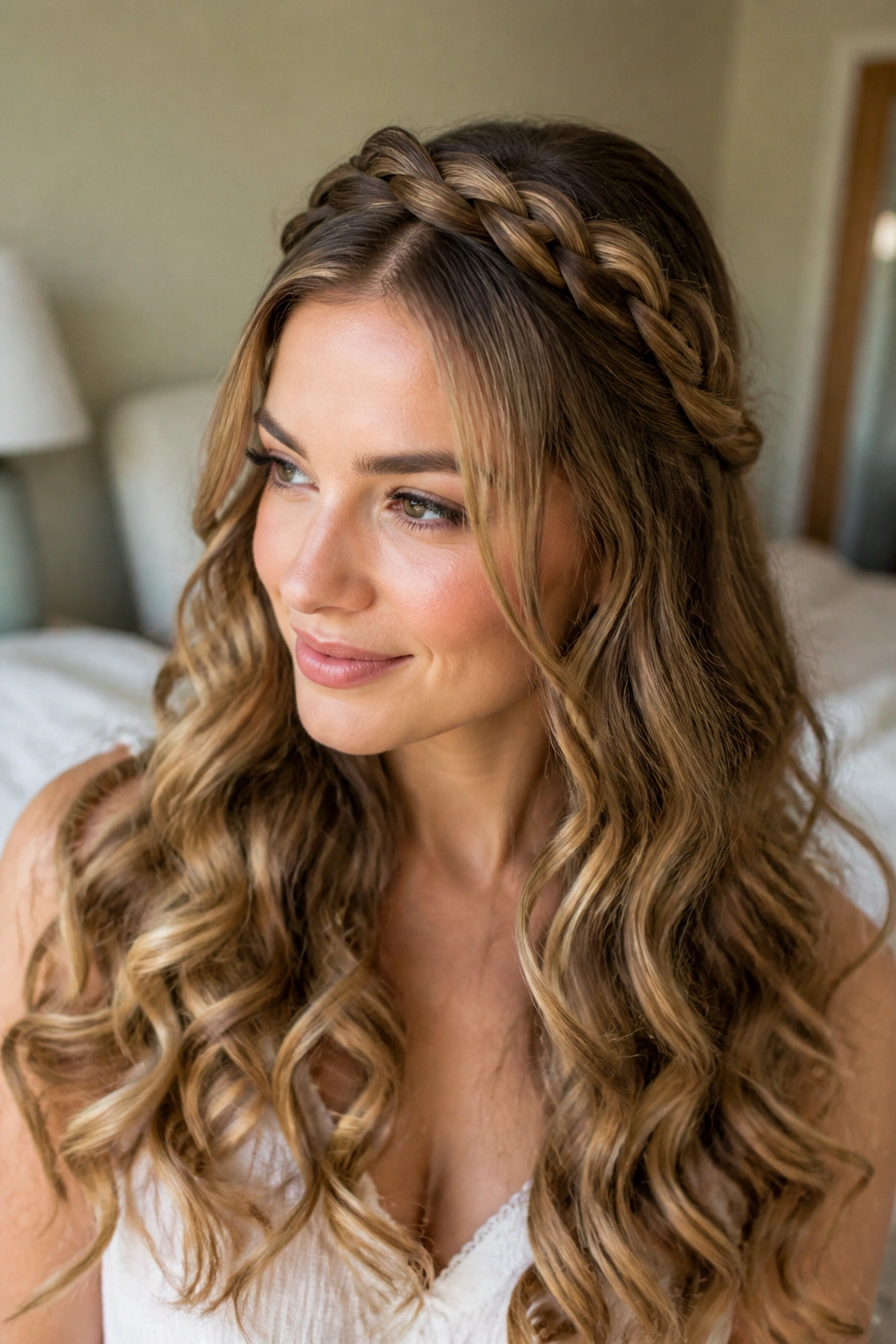 Close-up of real woman with crown braid and loose curls around shoulders in warm window light