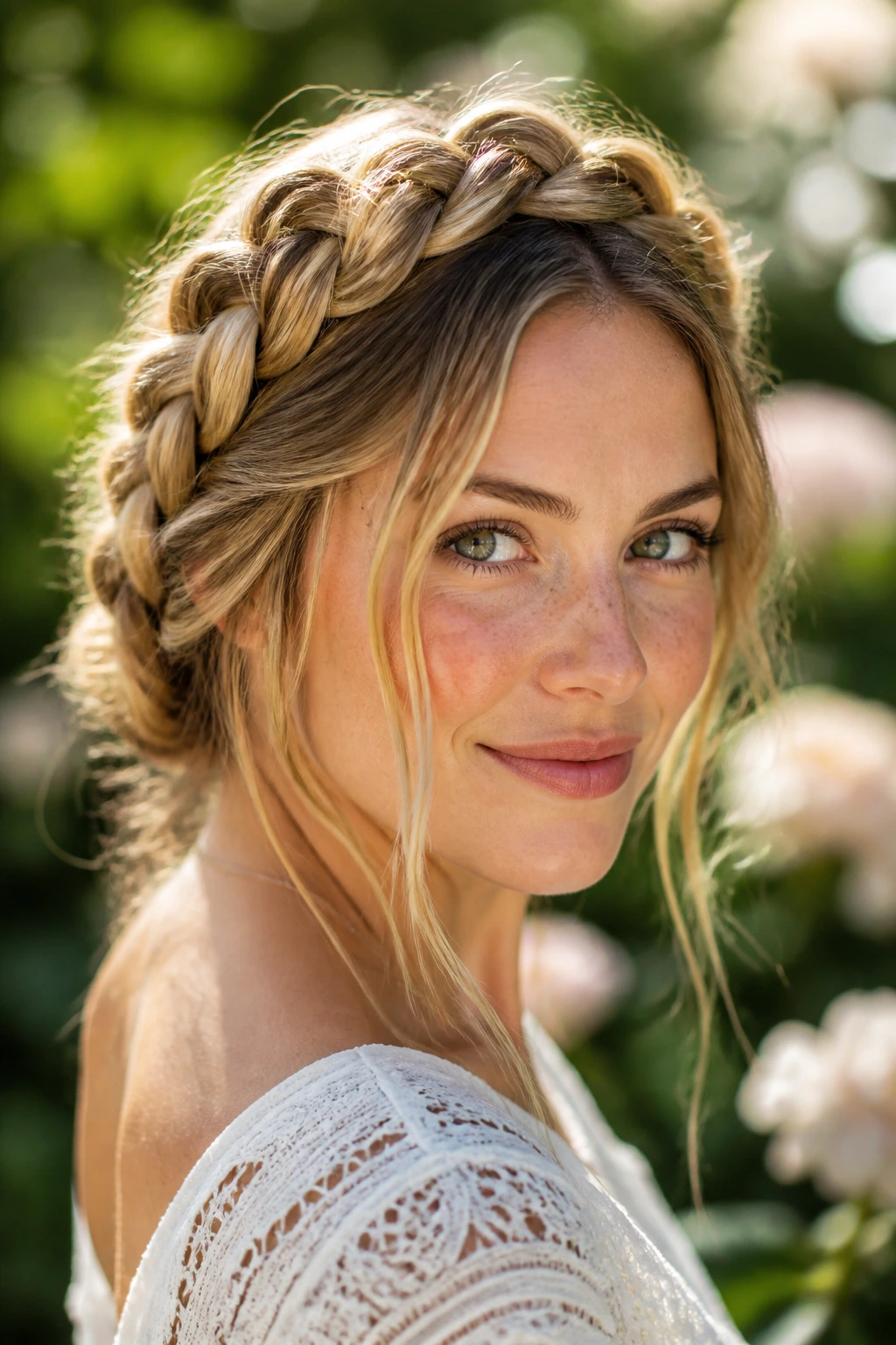 Portrait of a real woman wearing a crown braid with loose strands around the head.