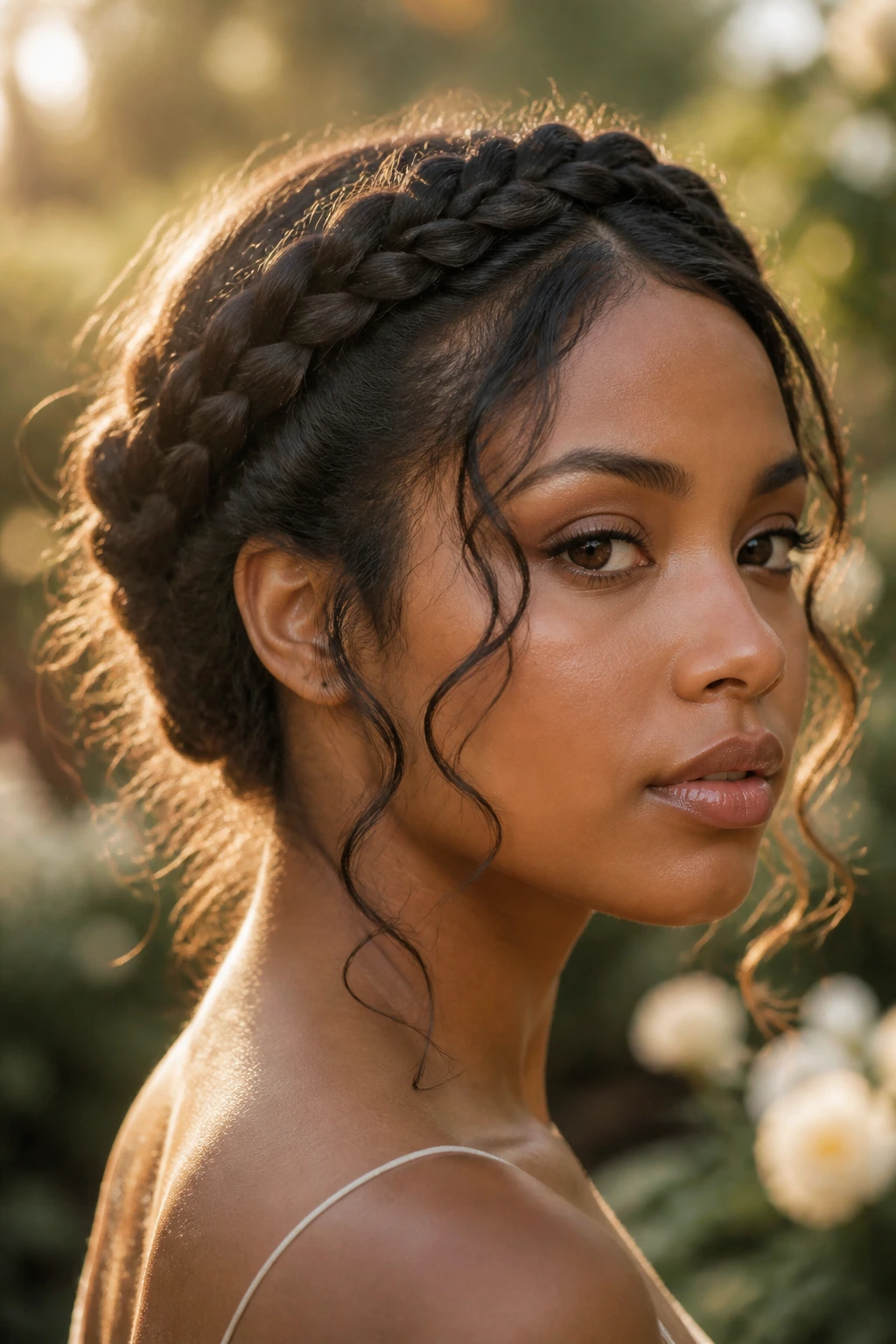 Close-up of a real woman's crown braid with loose tendrils in a sunlit garden