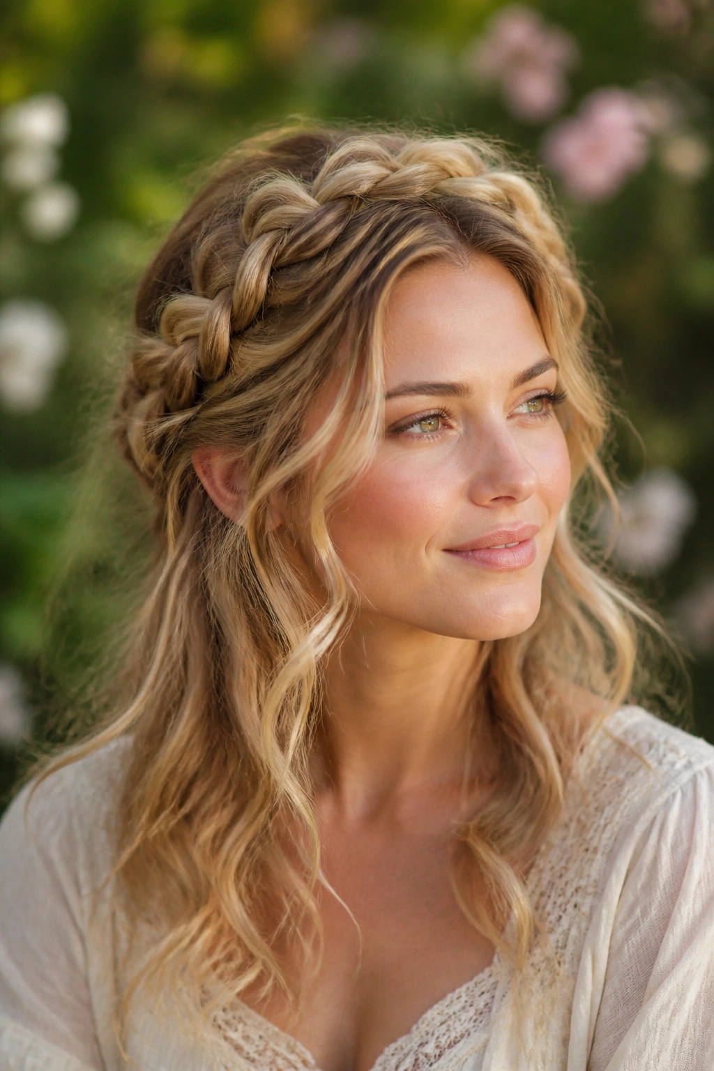 Head-and-shoulders shot of a woman with a crown braid and loose waves outdoors