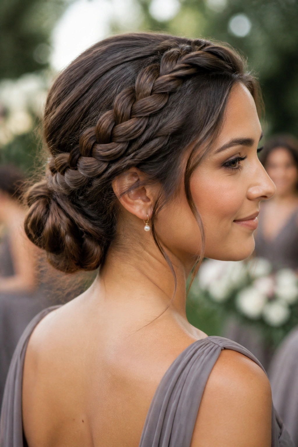 Close-up of real bridesmaid with crown braid and low bun