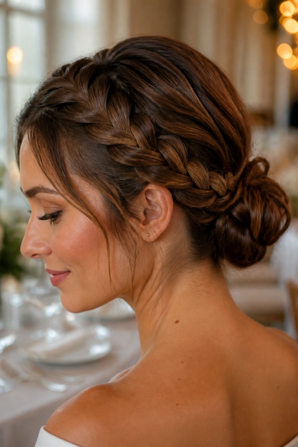 Close-up of a real woman's crown braid forming a low bun at the nape for a wedding hairstyle.