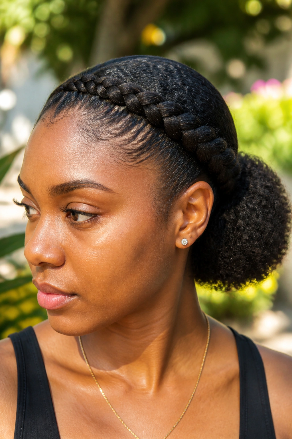 Close-up of a real woman's crown braid spanning the front into a low puff in a garden setting.