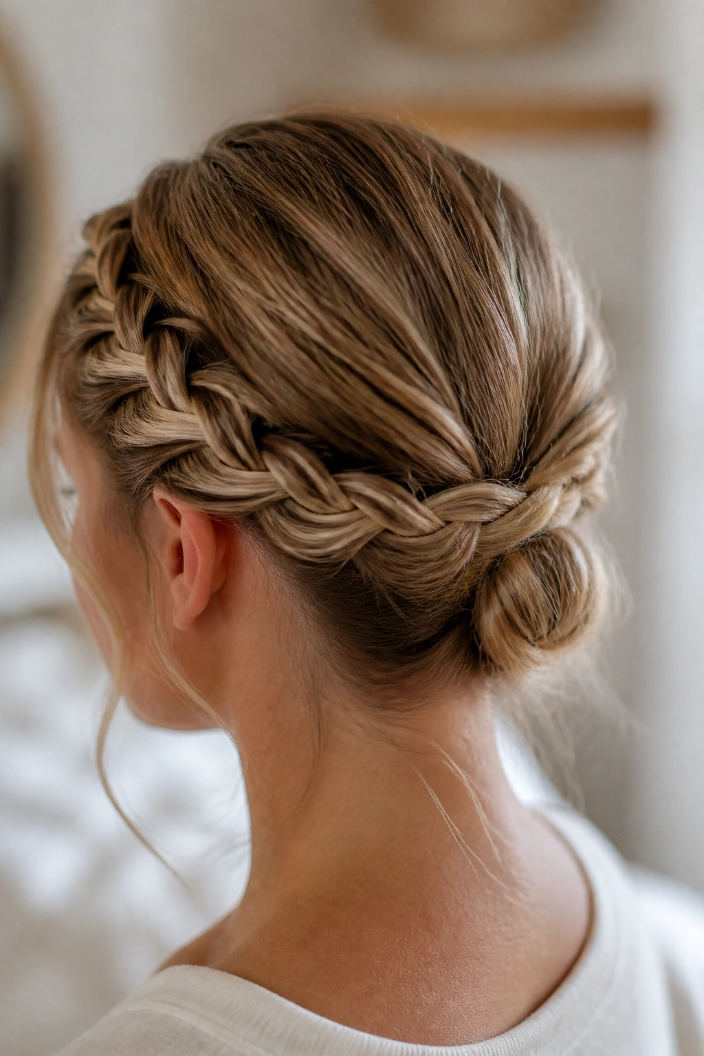 Close-up of a real woman showing crown braids that form a nape tuck