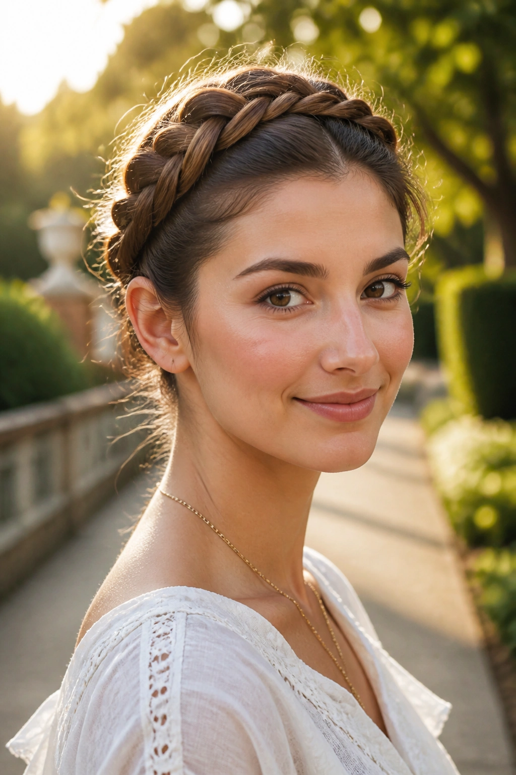 Portrait of a person wearing a crown braid outdoors
