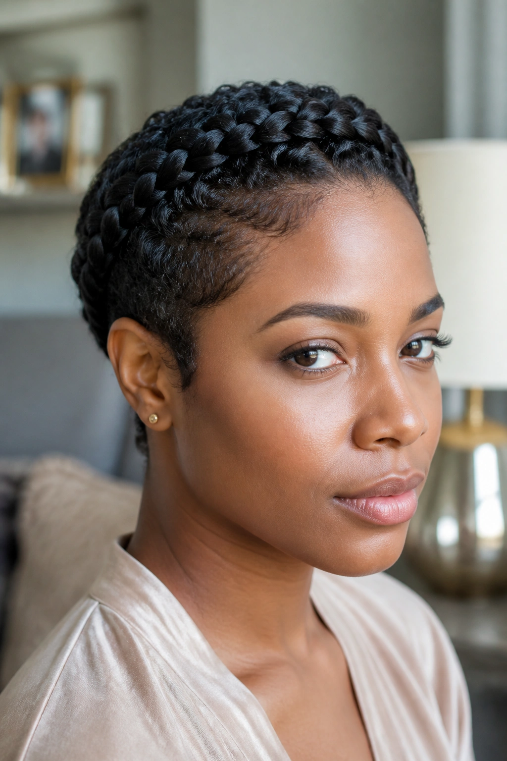 Close-up of crown braid along top edge of close-cropped pixie on real person.