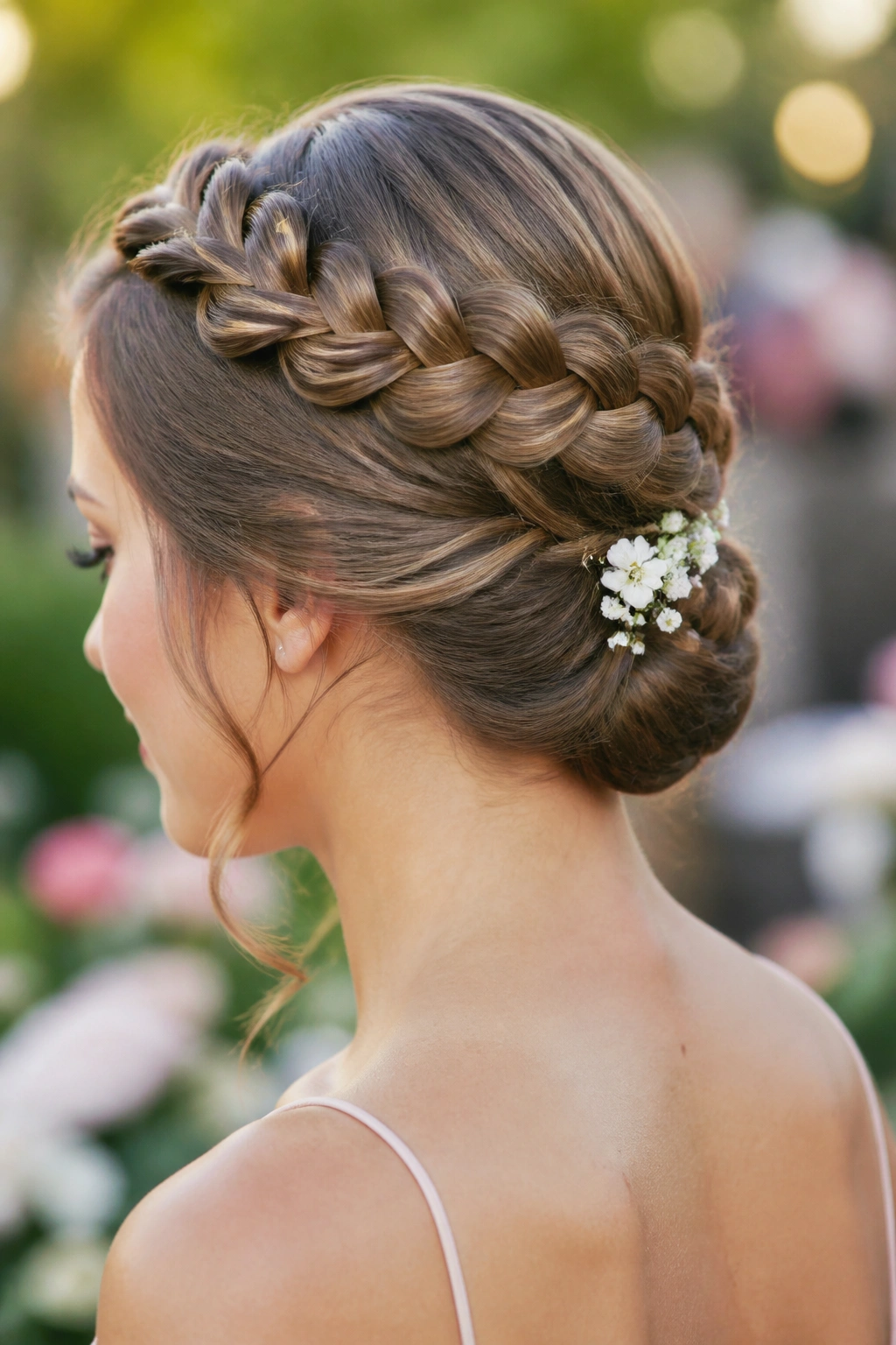 Real woman wearing crown braid with polished base in garden wedding setting