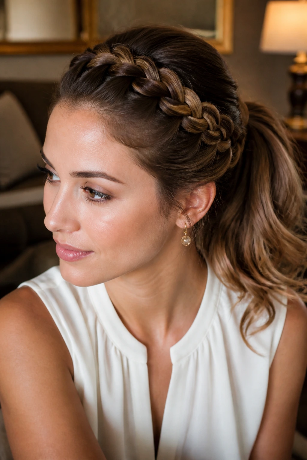 Close-up portrait of a real woman with a crown braid and back ponytail in an elegant room