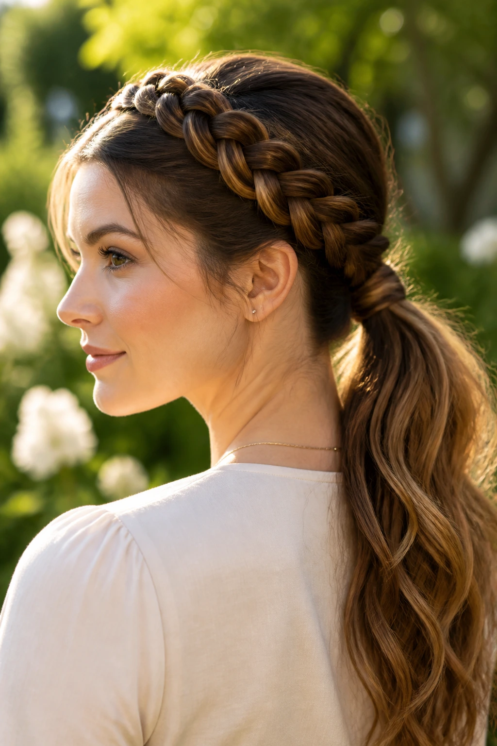 Real woman with crown braid forming into a ponytail in a garden.