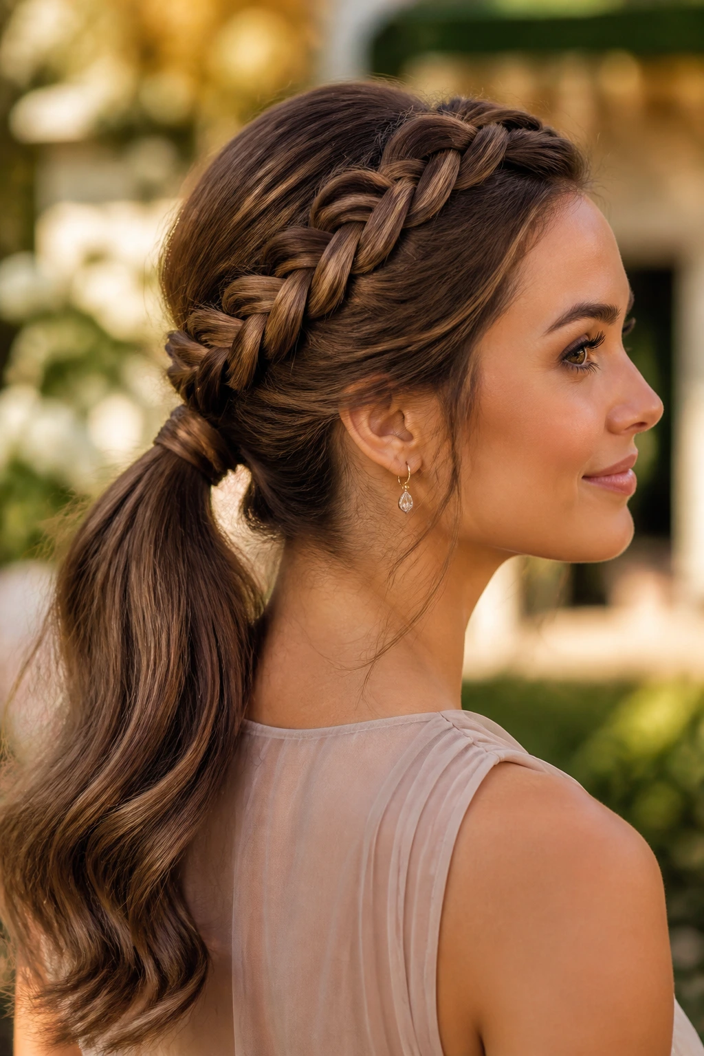 Side profile real woman with crown braid and ponytail in golden hour