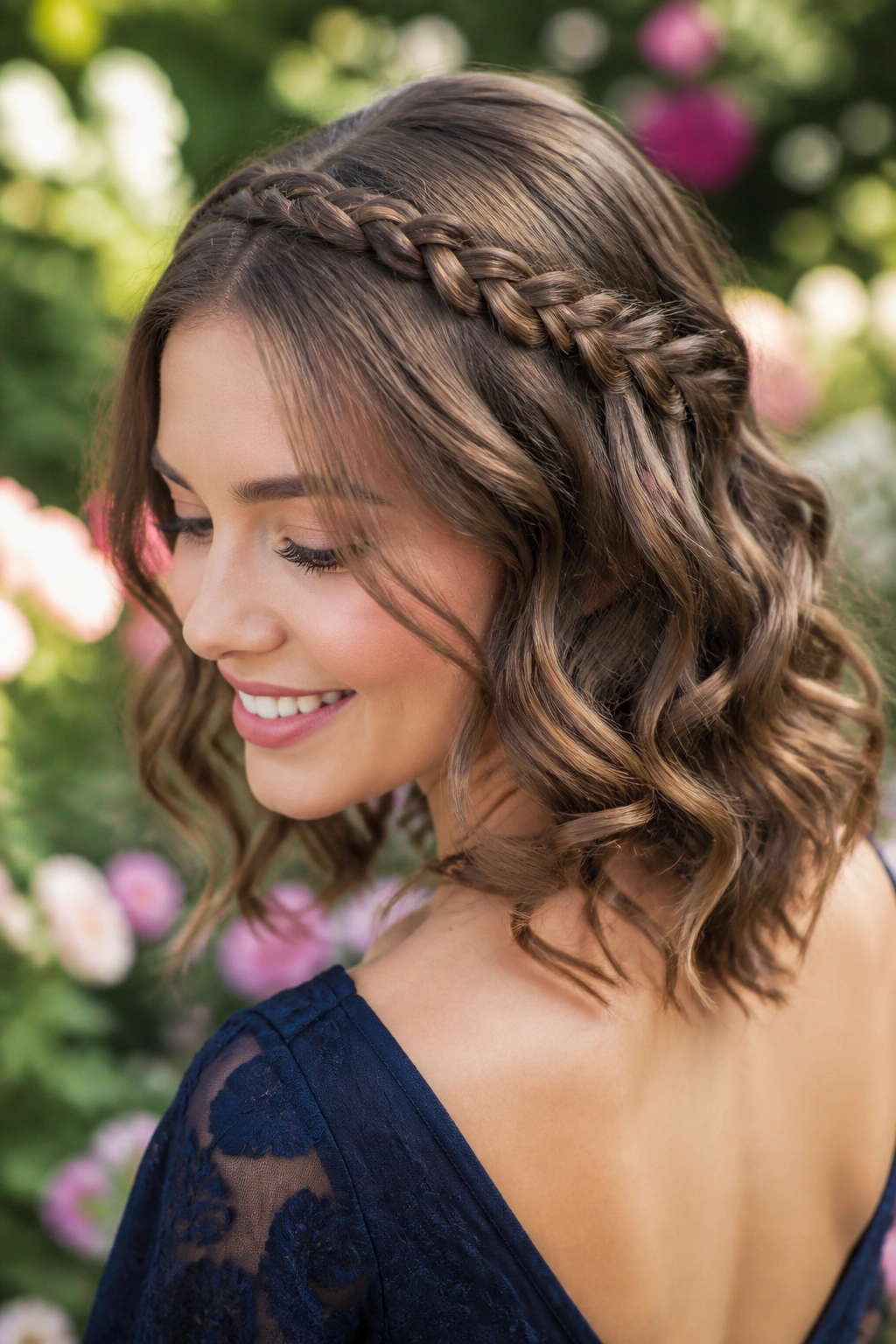 Close-up of crown braid across the crown with loose curls around