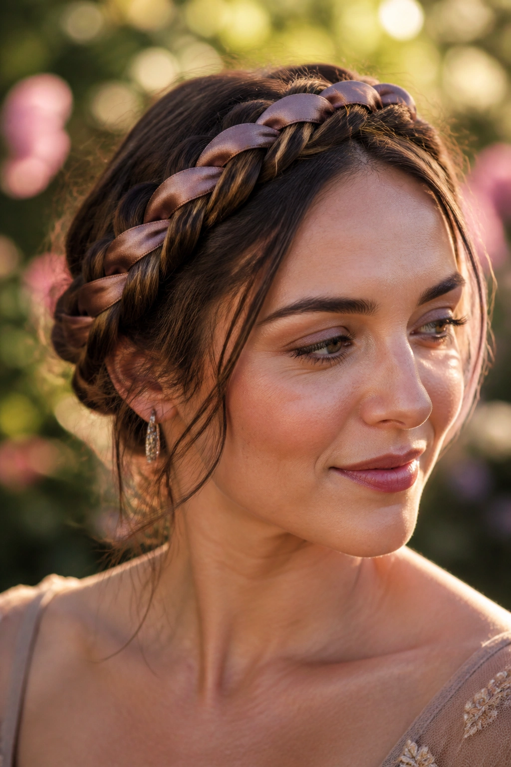 Close-up of a real woman with a crown braid woven with a muted satin ribbon in a garden at golden hour