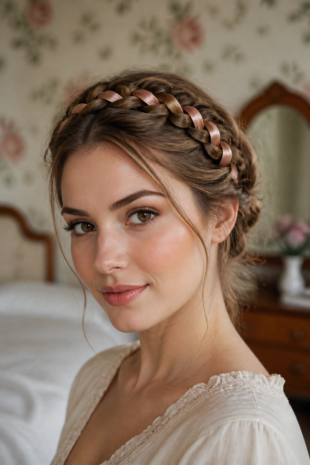 Close-up of a real woman with crown braid and ribbon detail in soft daylight