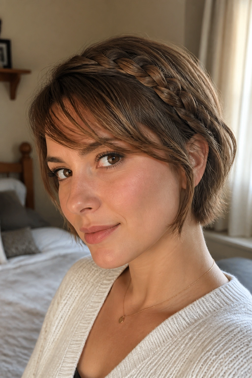 Close-up of a real woman with short hair showing a crown braid along the hairline over growing-out bangs