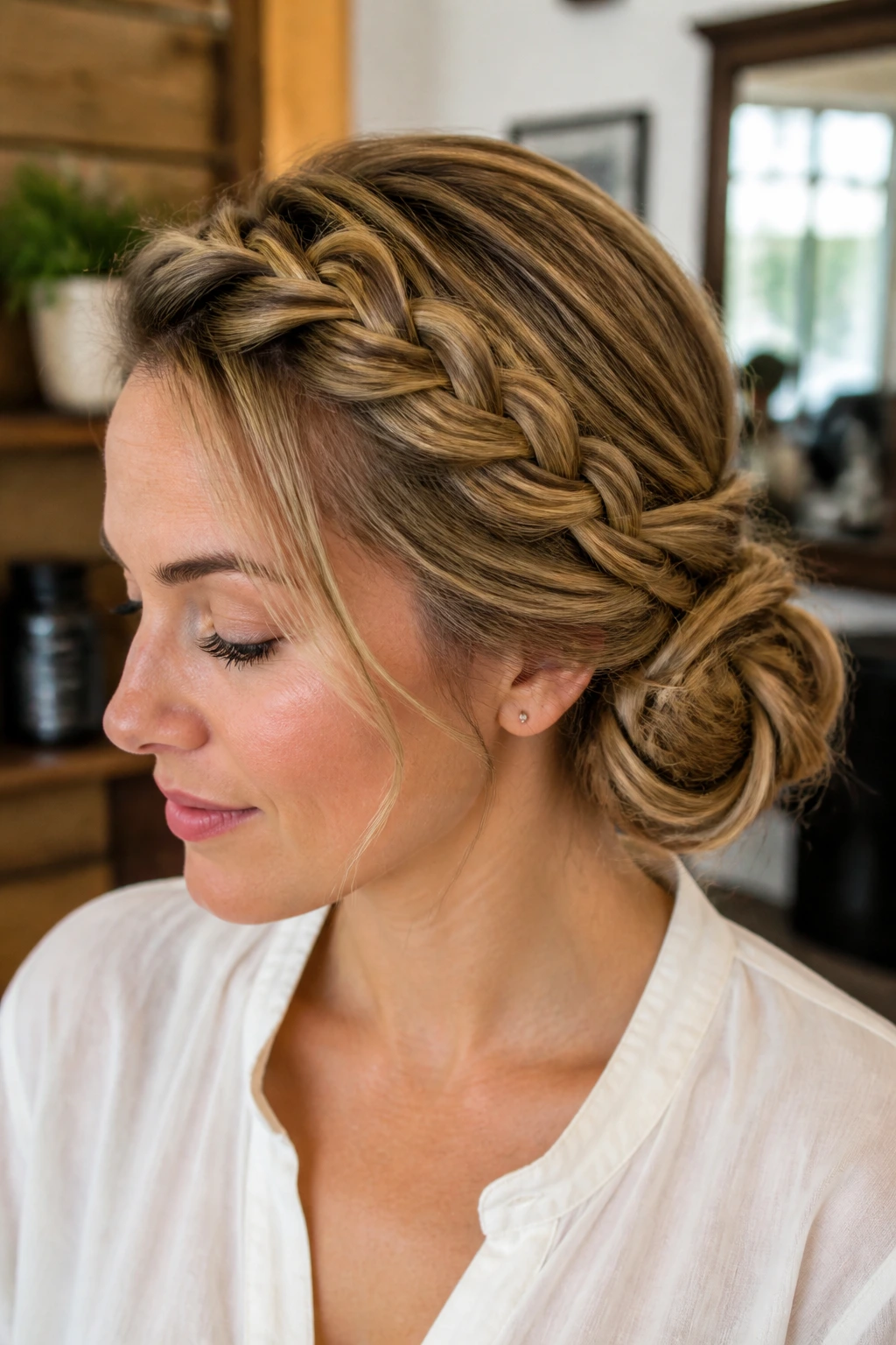 Close-up of a real woman with crown braid feeding into a side bun in warm salon lighting