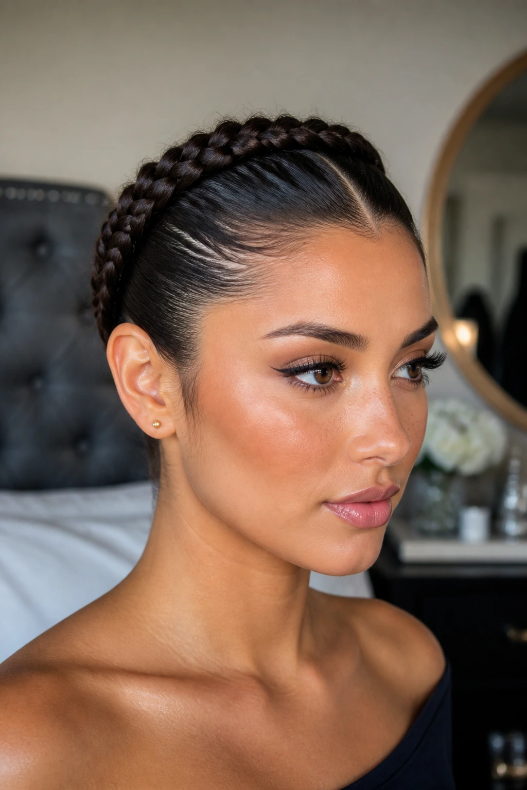 Close-up portrait of a real woman with a crown braid and slicked-back sides