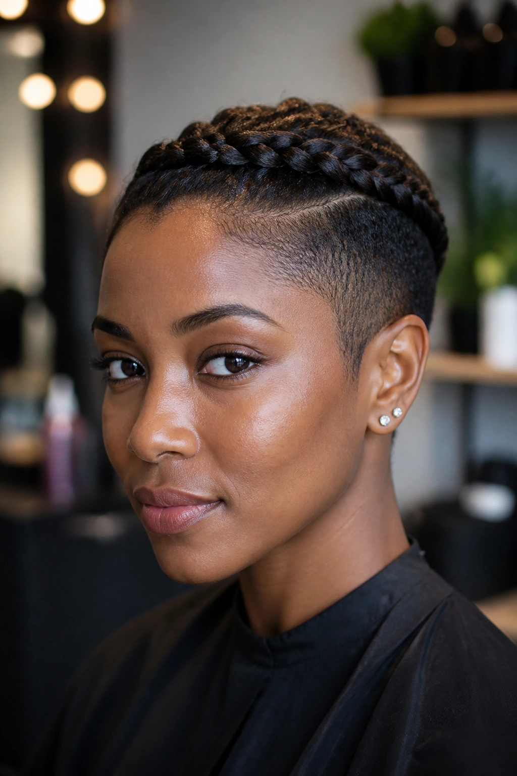 Close-up of crown braid with tapered sides on a pixie cut