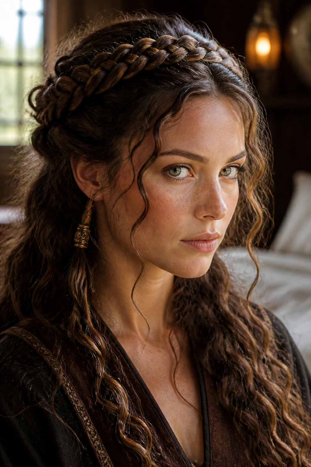 Close-up of a real woman wearing Crown Braid With Face-Framing Tendrils along the hairline with curls framing her face.