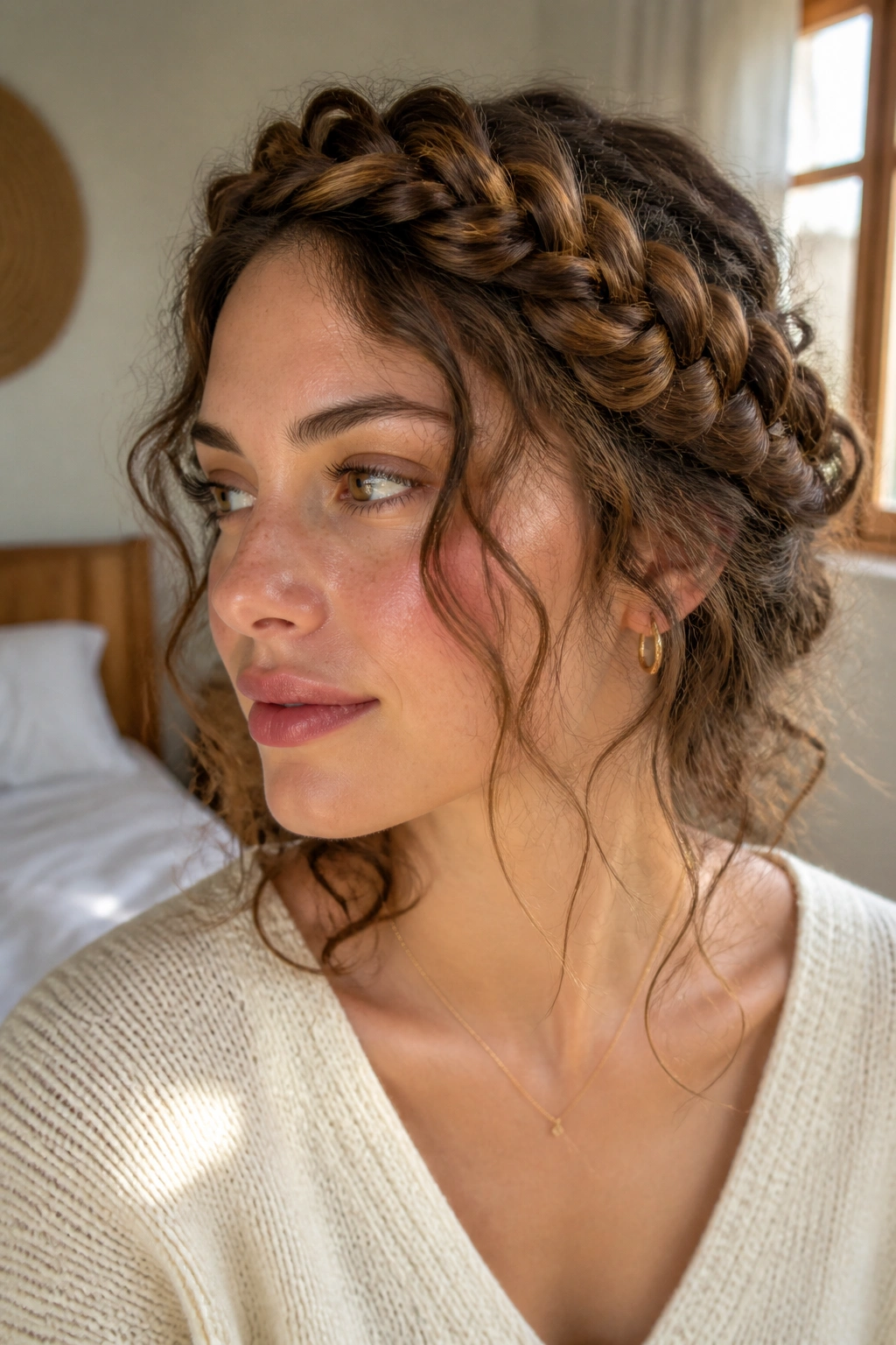 Close-up of a real woman wearing Crown Braid With Open Texture around her head with loose waves.