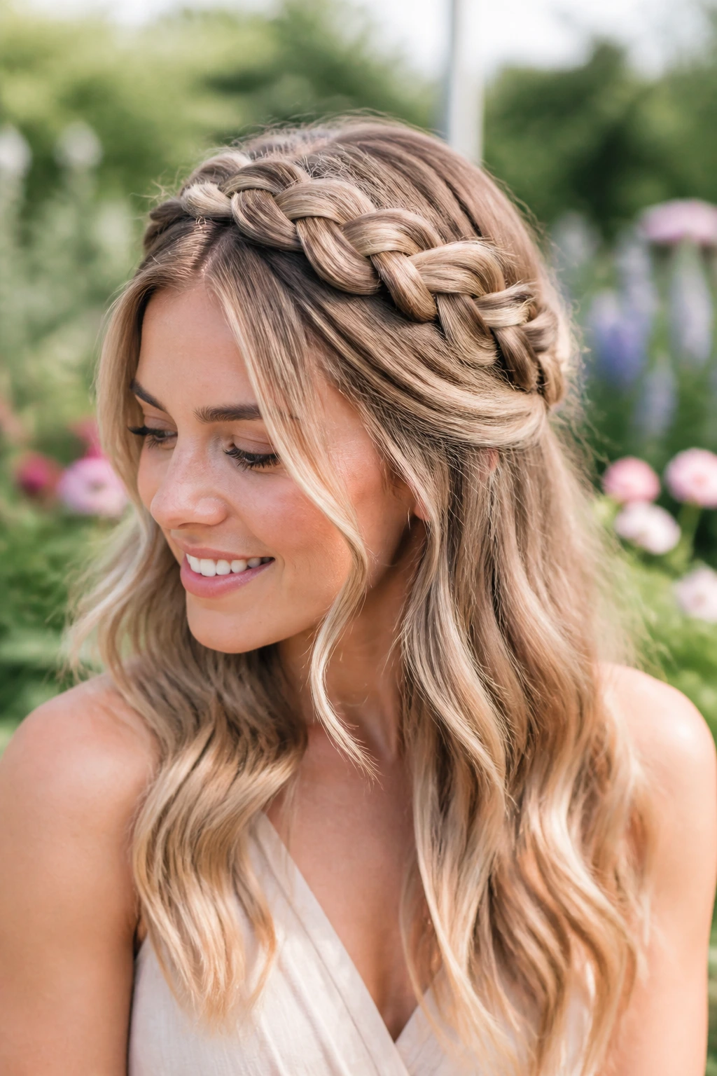 Real woman with crown braid around head, loose lengths with soft waves.