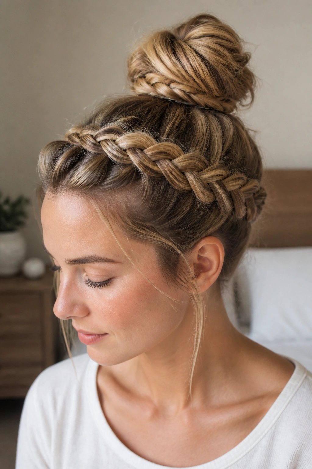 Close-up of real person wearing crown braid that transitions into a top knot, shown from front profile.