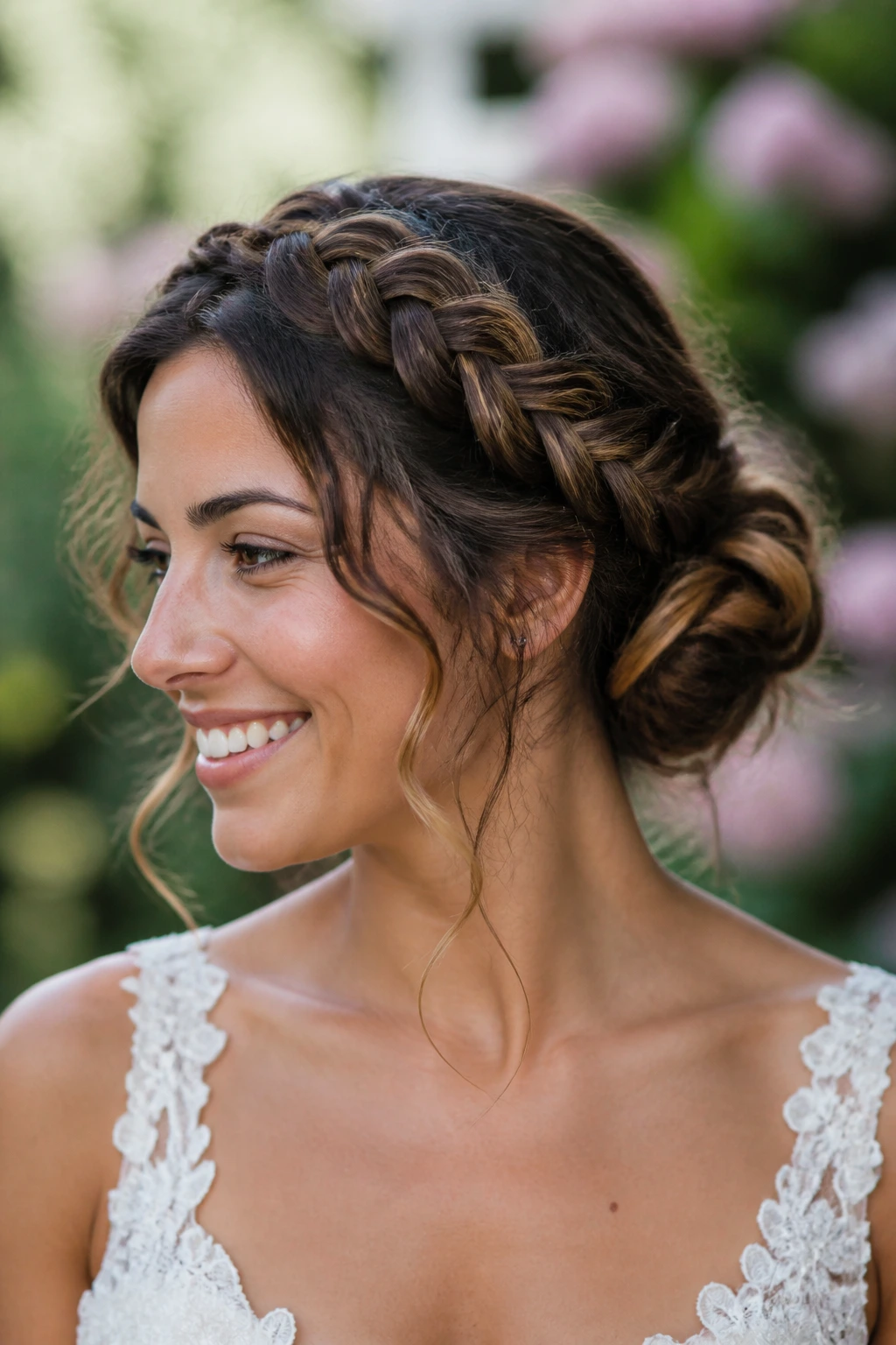Close-up of a real bride with crown braid leading to a tucked bun in an outdoor garden setting.