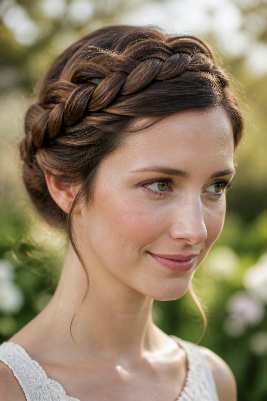 Real woman with crown braid wrapped around head and tucked ends in soft sunlight