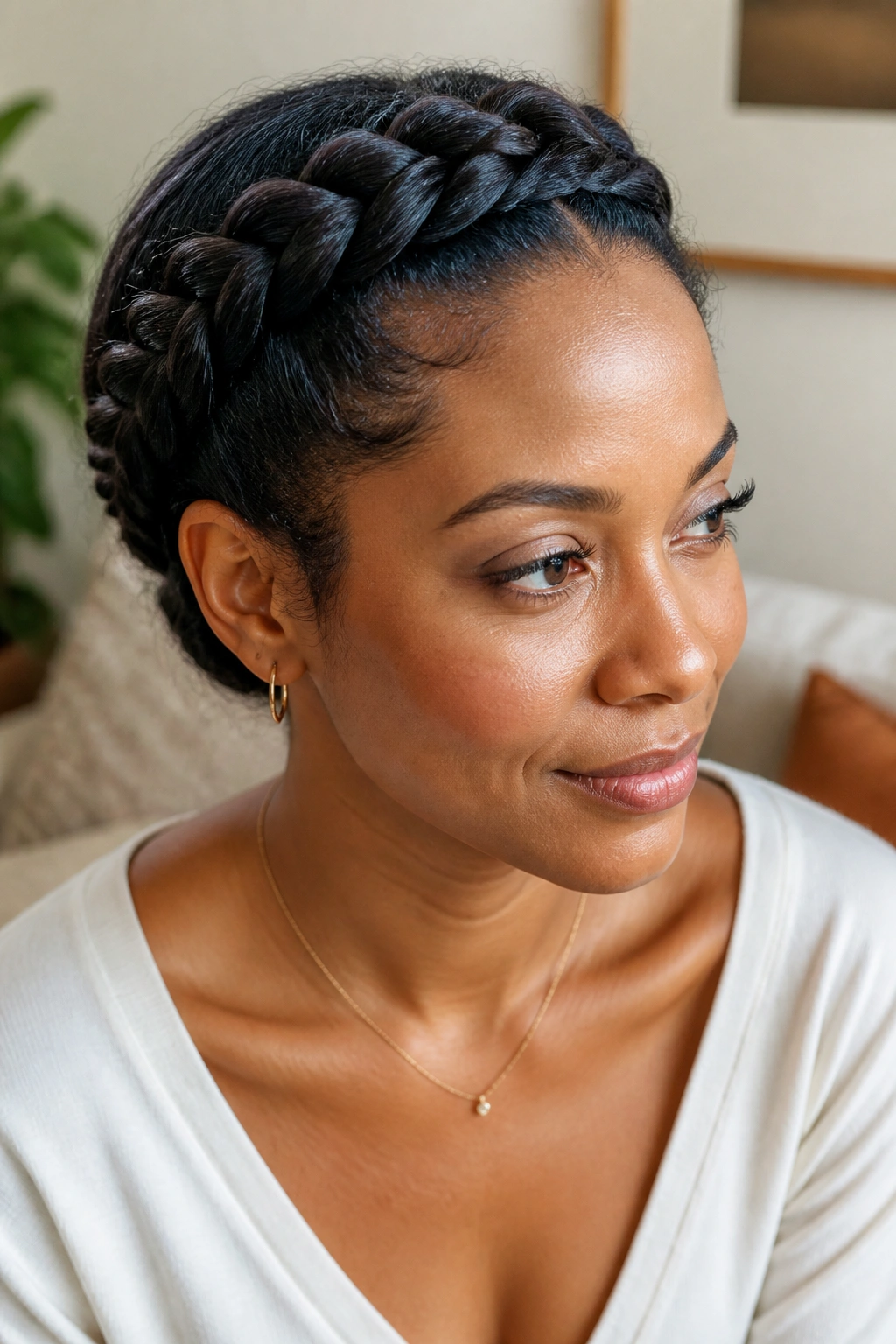 Close-up of woman with crown braid and tucked ends