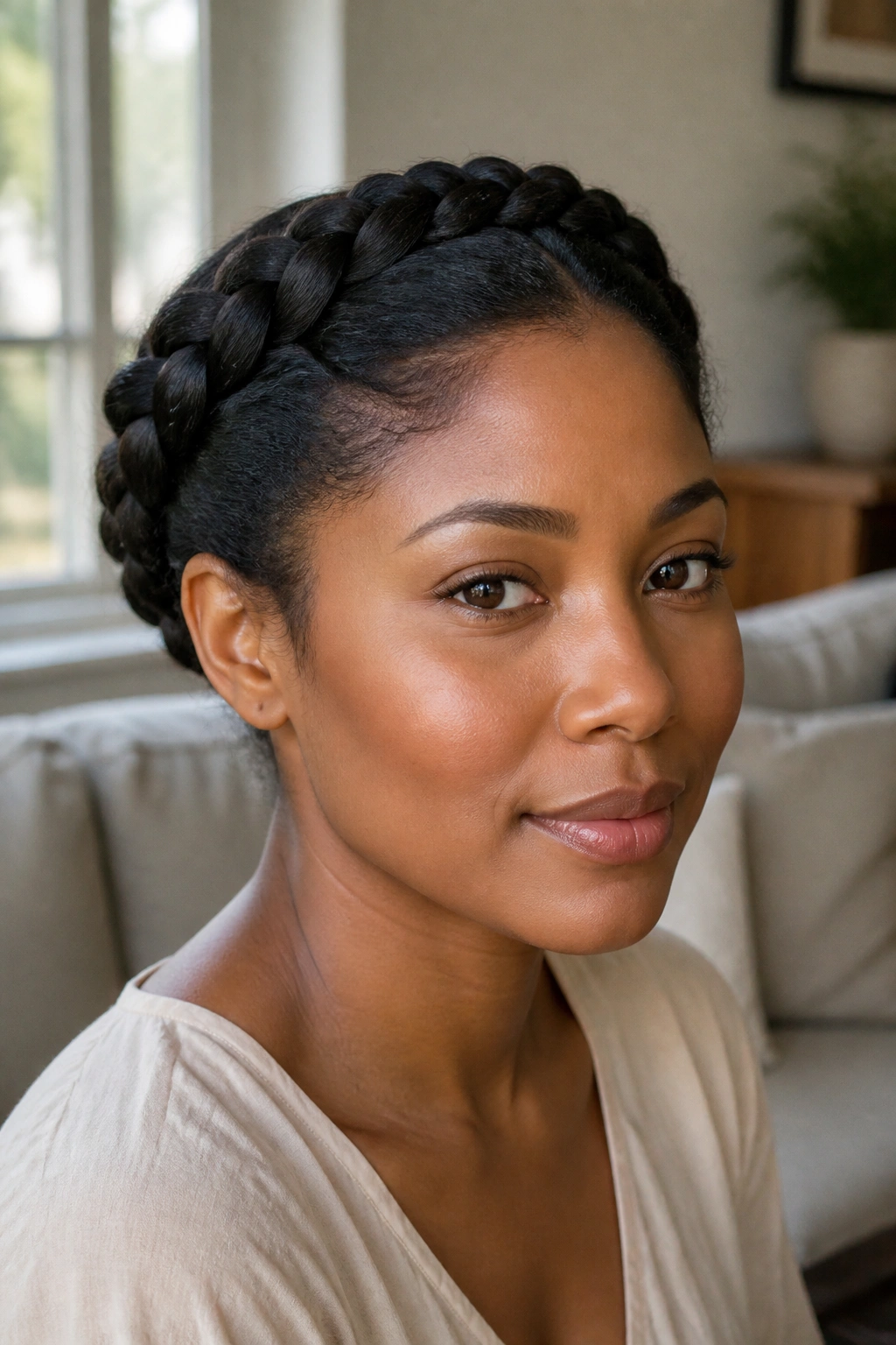 Close-up of a real woman wearing crown braid with tucked ends around the head.