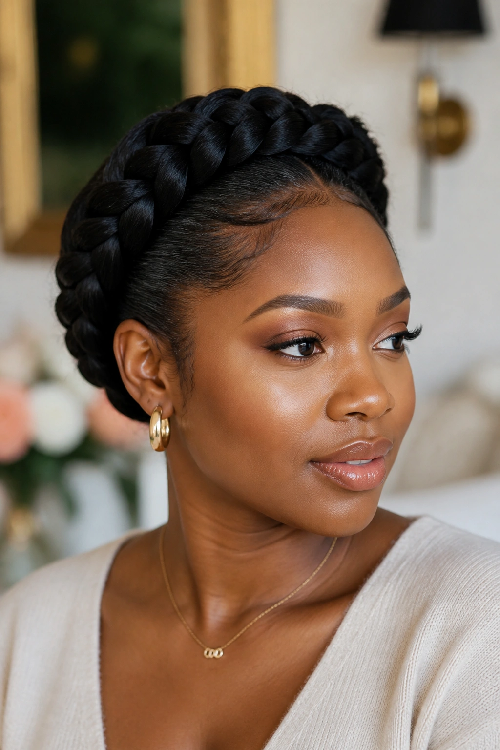 Real person wearing a crown braid updo
