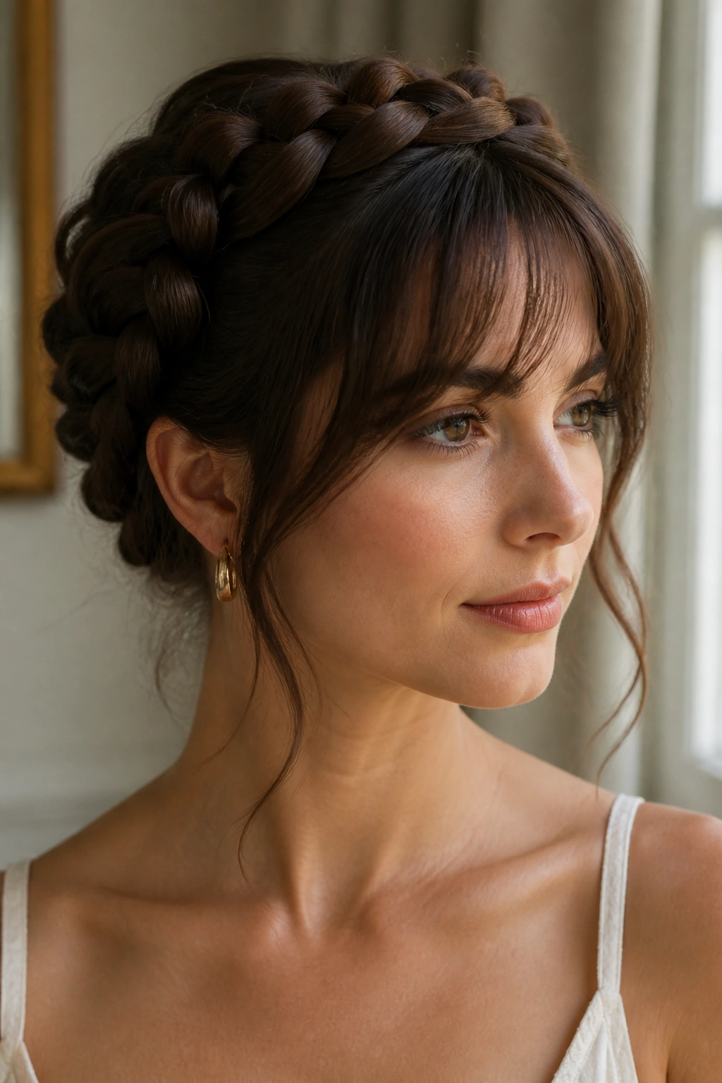 Close-up of crown braid updo with face-framing bangs on a real woman