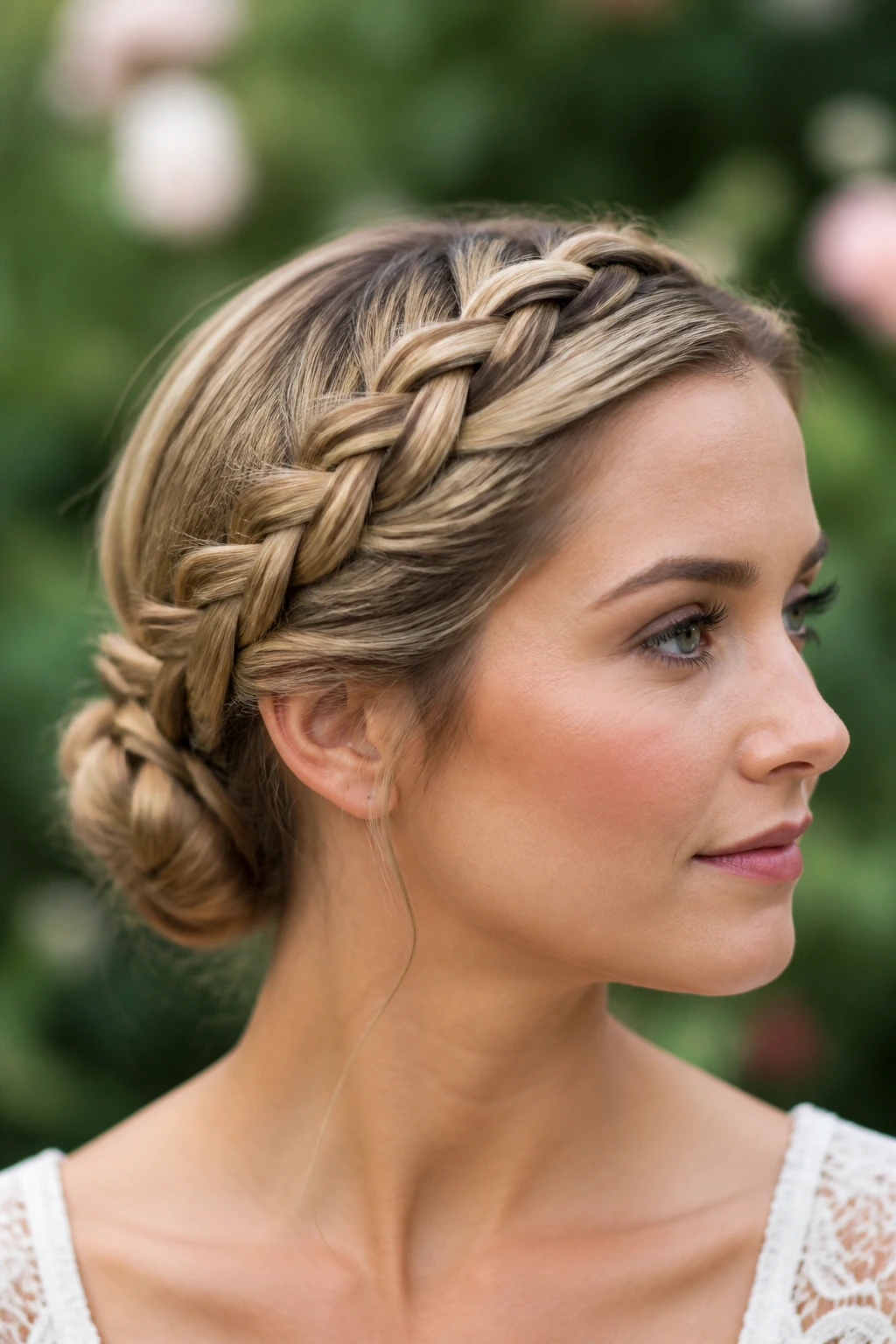 Close-up of crown braid encircling the head into a low chignon on a real person.