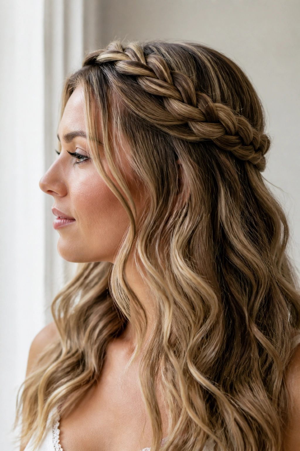 Side-profile of a woman with a loose crown braid and waves.
