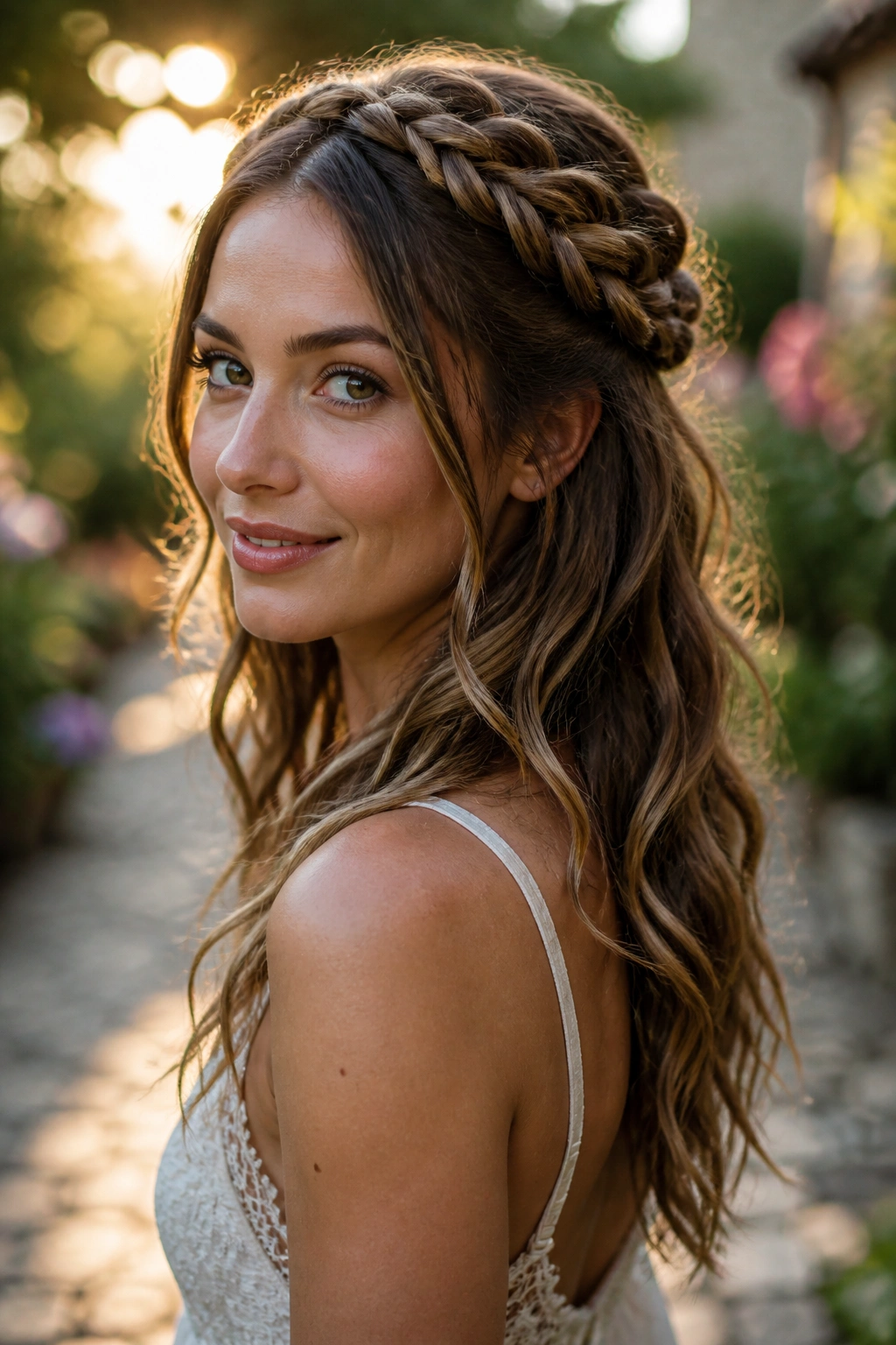 Close-up portrait with a crown braid and open ends in golden hour garden light