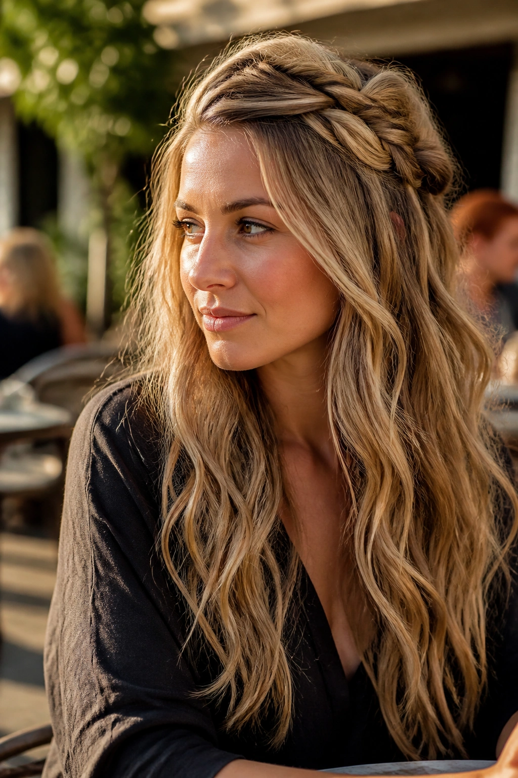 Portrait of a woman with an off-center crown braid and long waves in sunlit outdoor cafe.
