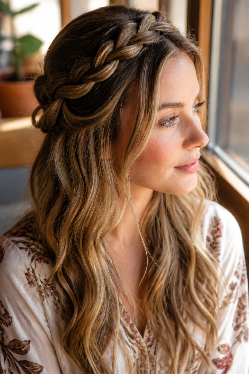 Close-up of a real woman with half-up crown braid and soft waves in warm daylight