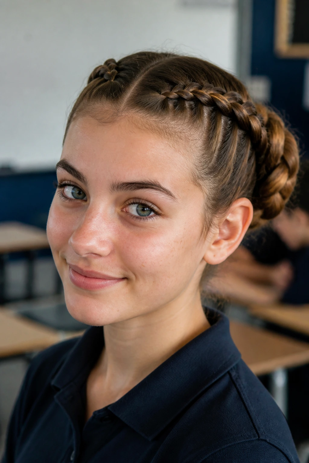 Teenage girl with crown bun created from double Dutch braids.