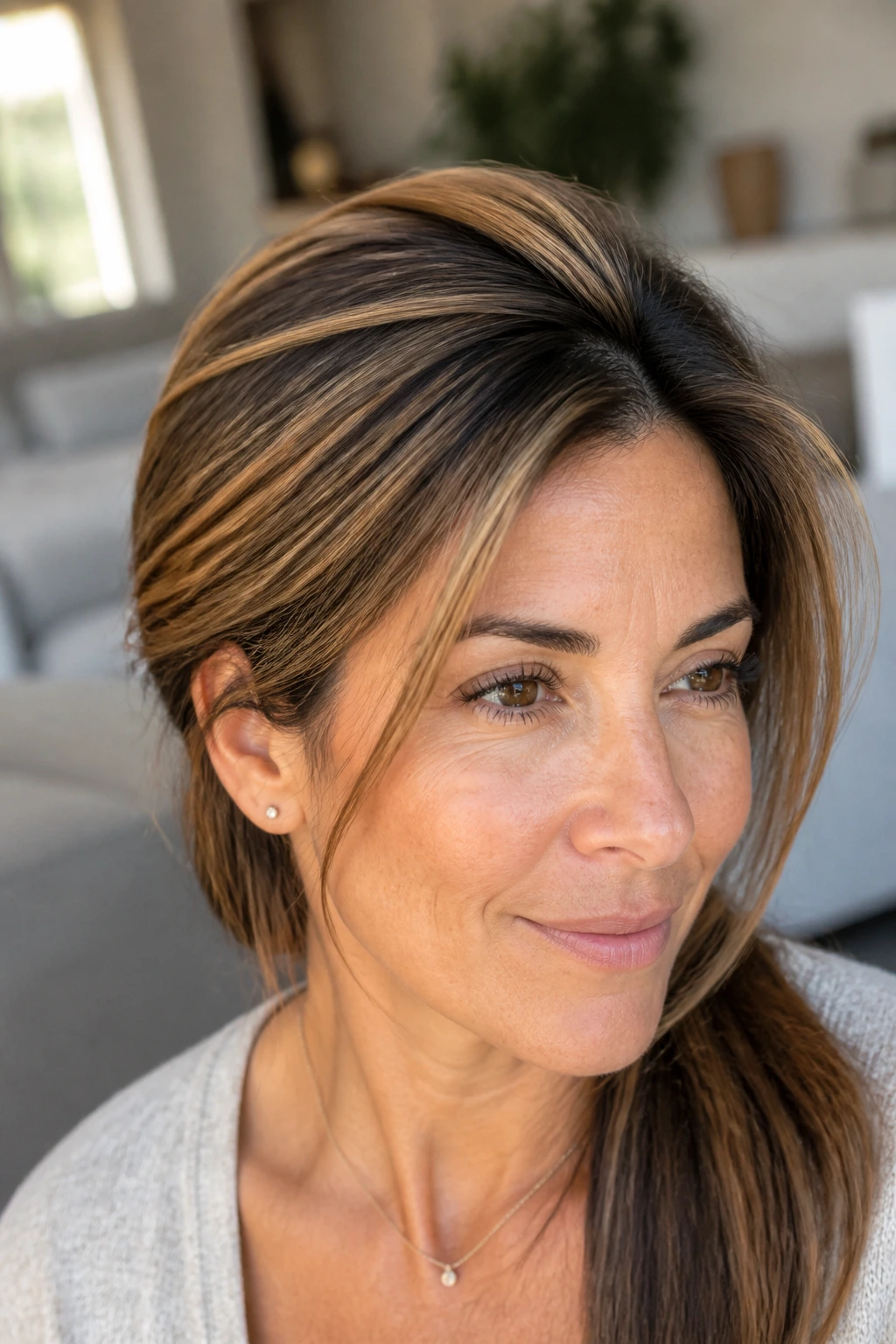 Close-up of real woman's hair with thick caramel highlights around the crown forming a halo effect