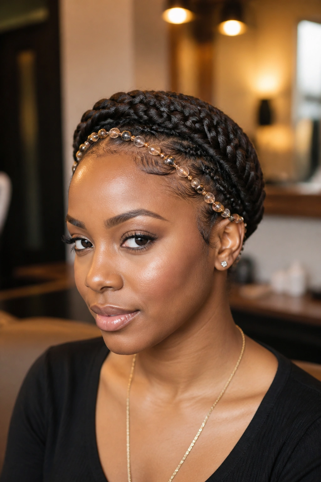 Close-up of crown cornrows with beads around hairline on real person
