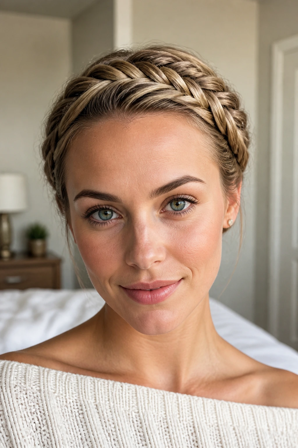 Close-up of a real woman with a crown fishtail braid and tucked ends
