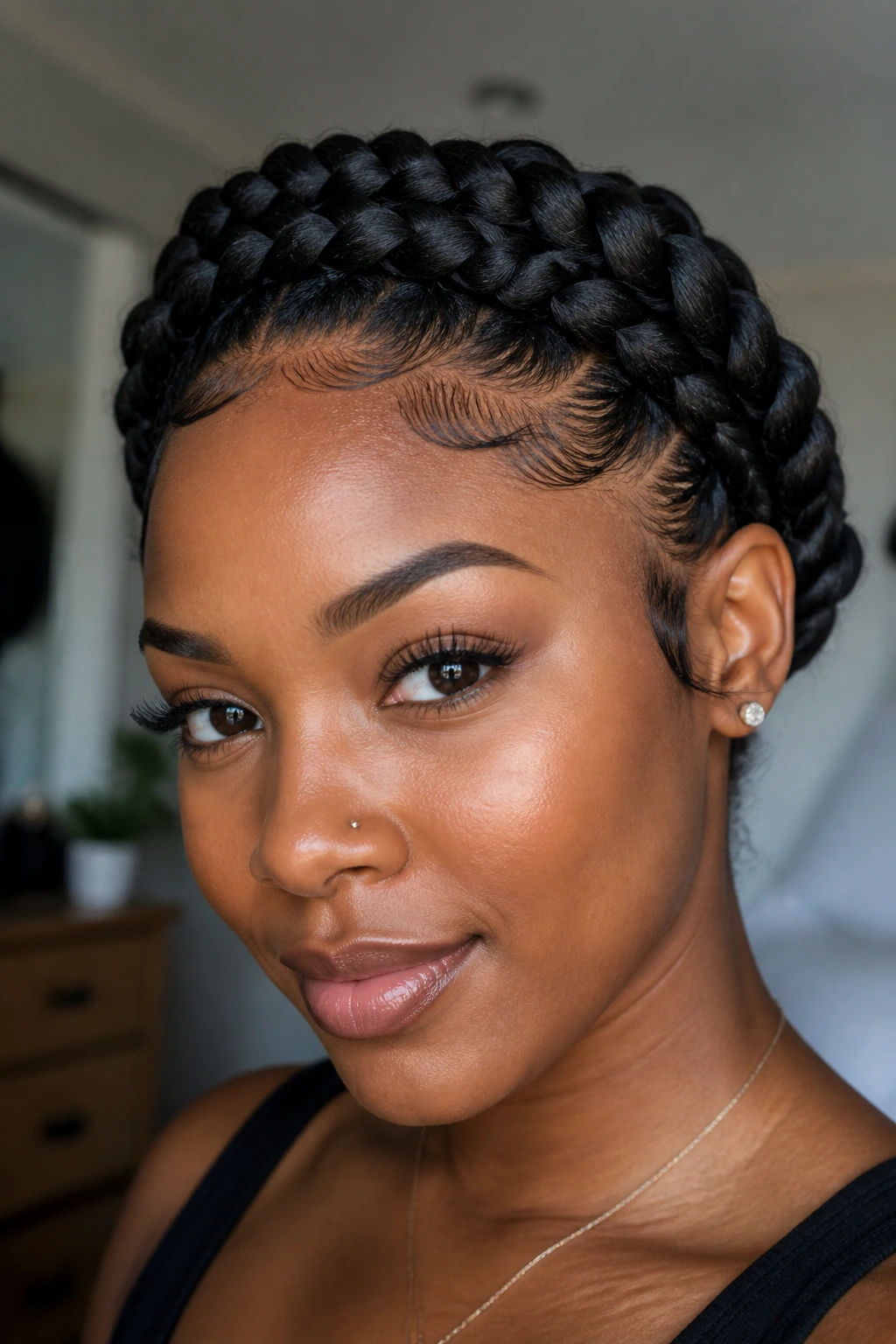 Real woman with crown goddess braids wrapping the hairline