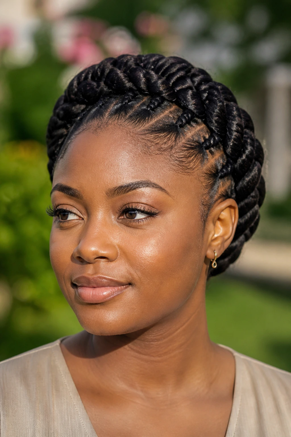 Real person wearing crown halo Ghana braids with halo around the head.