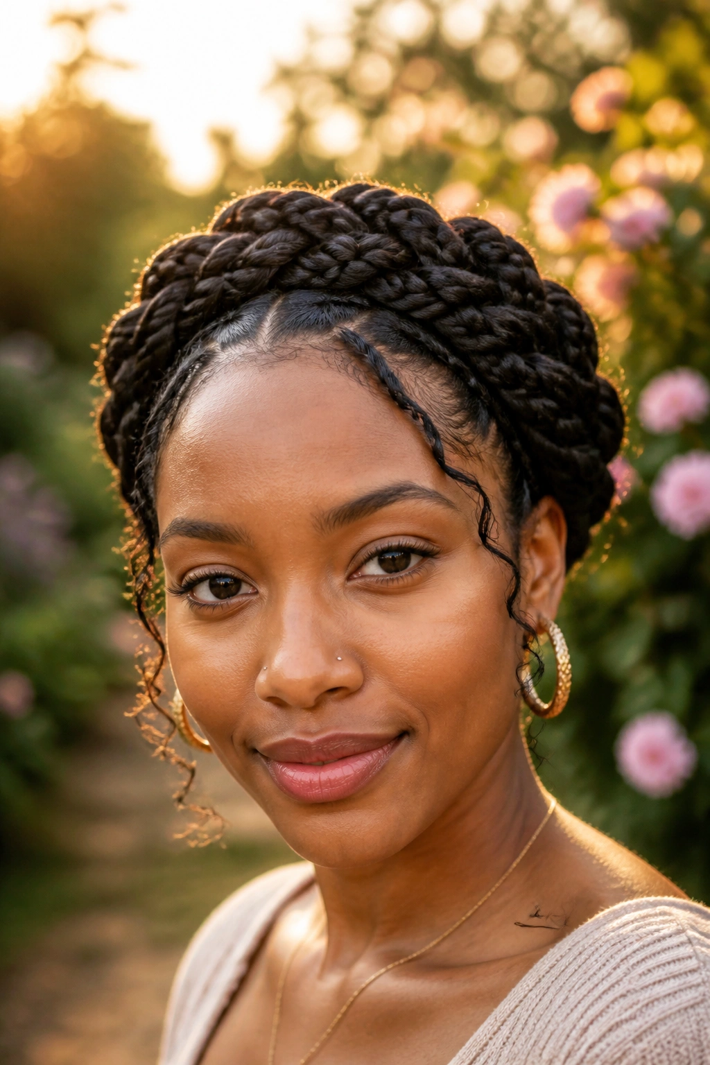 Portrait of a real woman wearing crown halo twists around her head.