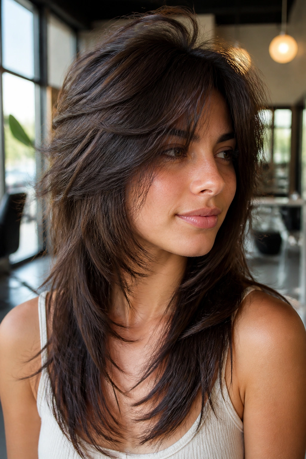 Portrait of a real woman with crown-heavy butterfly wolf cut, crown volume and long tapered ends clearly visible.