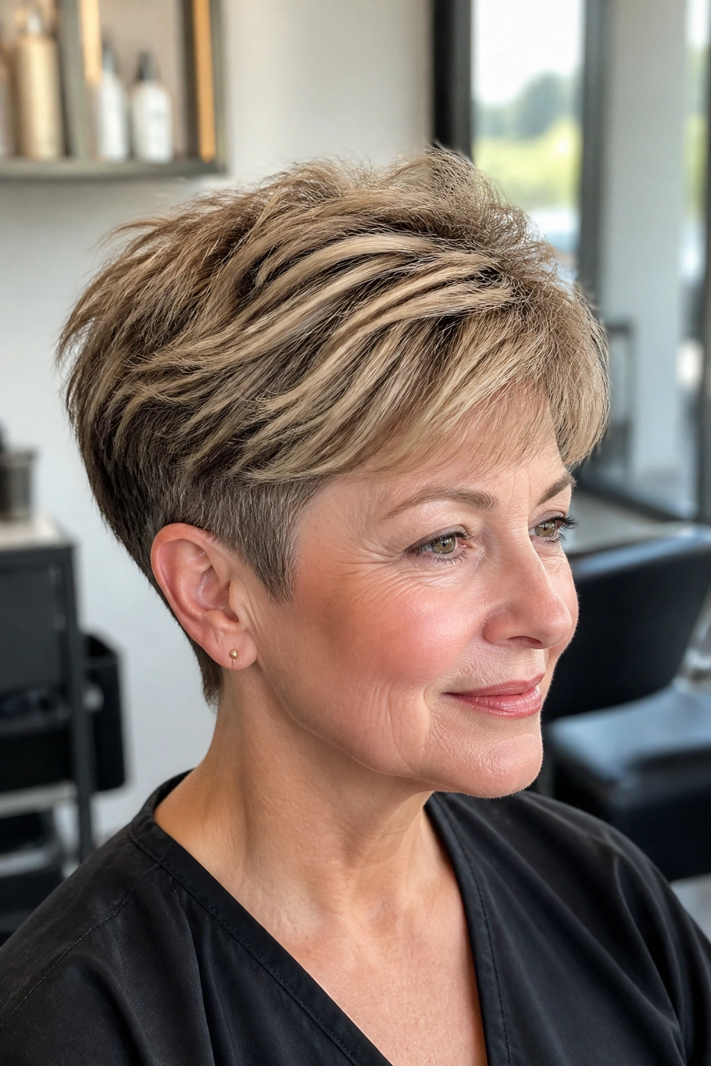 Close-up of real person with crown-heavy pixie and hidden layers