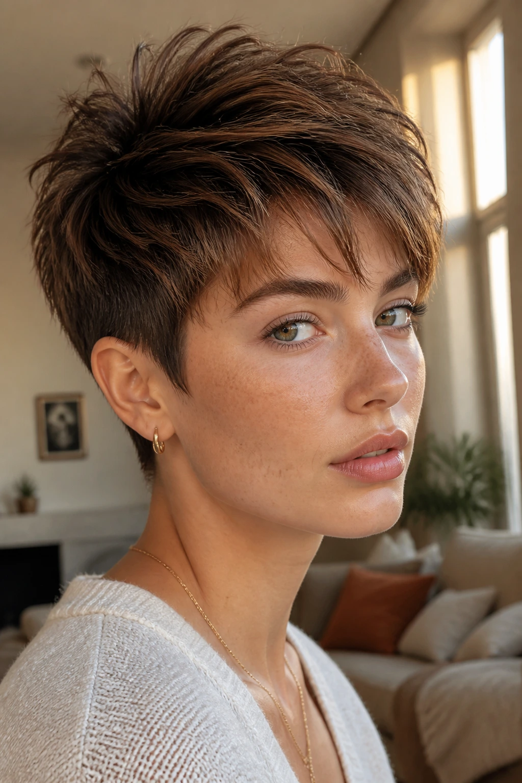 Portrait of a real person with crown-heavy pixie wolf haircut showing crown lift