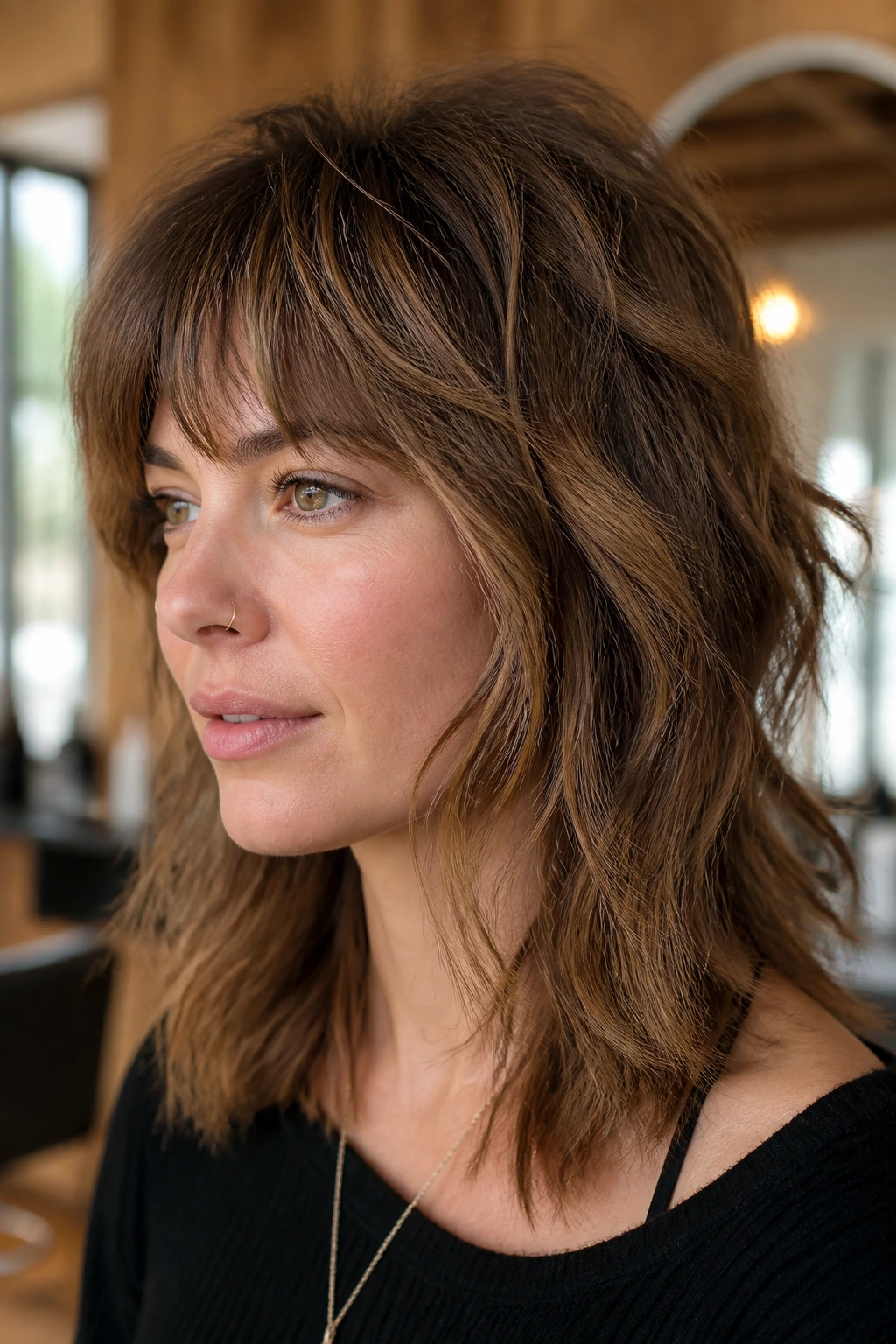 Close-up portrait of a real woman with crown-heavy shag lifting flat roots in natural light.