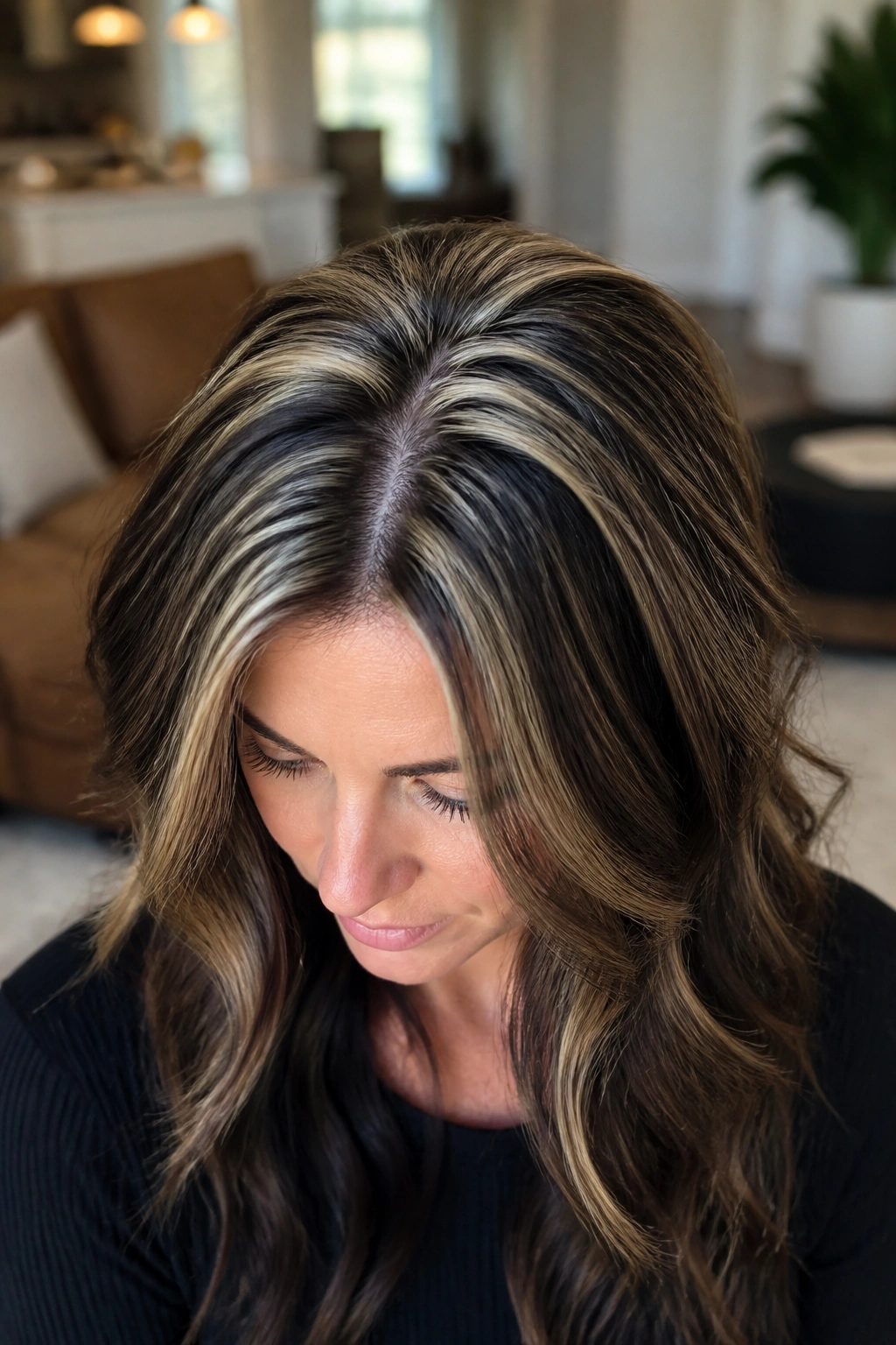 Close-up of crown highlights creating lift on dark hair
