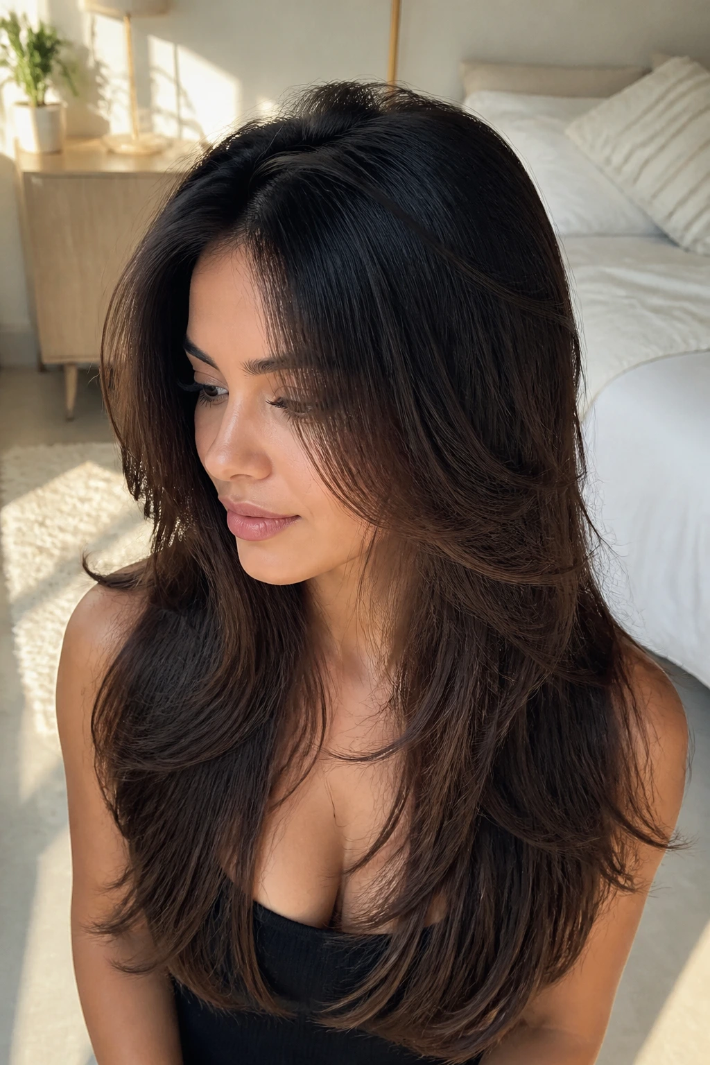 Portrait of a real woman with crown layers lifting the hair at the crown while the bottom remains long.