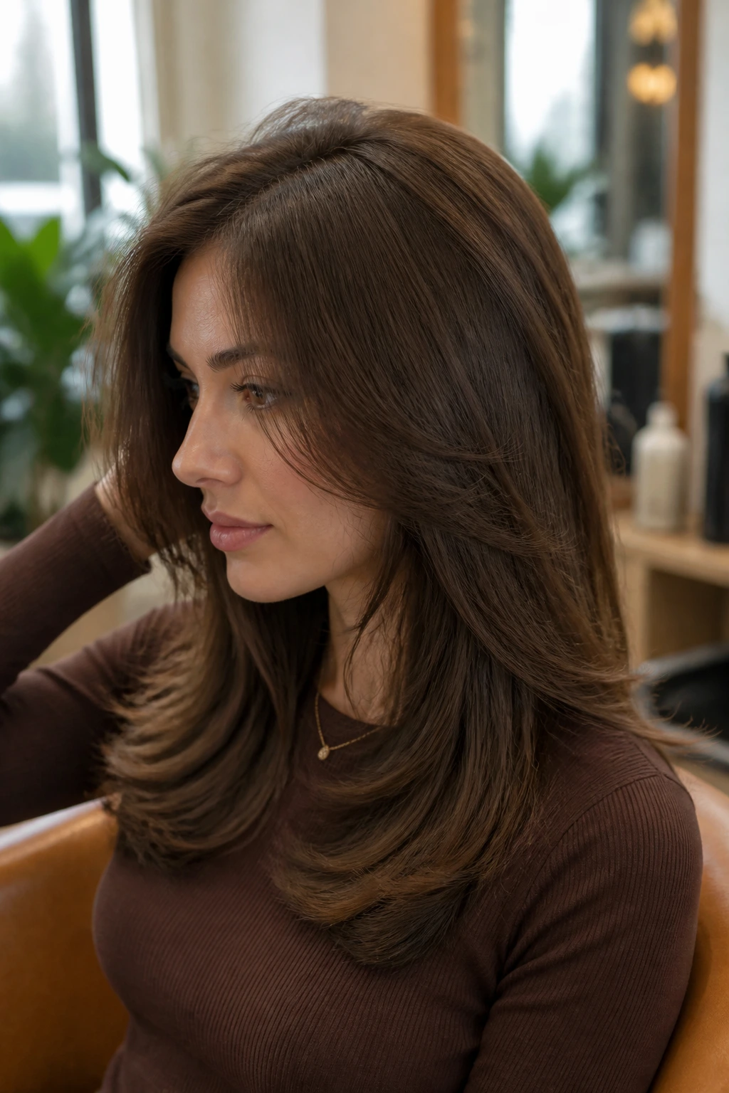 Close-up of a real person showing crown layers to reduce bulk on top